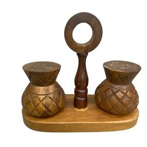 VTG Salt Pepper Shaker Set Pineapple Hand Carved Teak Wood Boho Island Tropical